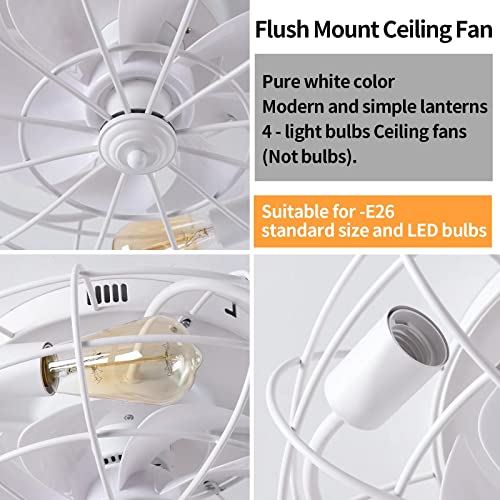 EMIKIRII Recessed Remote Control Ceiling Fan With Light, Industrial White Ceiling Fan, 3 Speed Reversible Motor, Suitable for Living Room, Bedroom, Church, etc