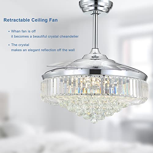 Moooni 52 Inch Retractable Blades Fandelier Dimmable Crystal Chandelier Ceiling Fan with Light and Remote, Dimmable LED Crystal Fan Light Kit for Bedroom Dining Room-Polished Chrome