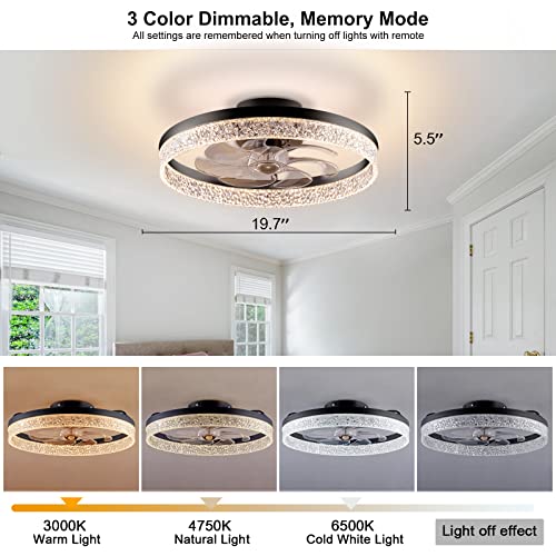 OMYU 19.7" Flush Mount Ceiling Fan with Lights, Round Bladeless Ceiling Fan with Remote Control, Dimmable 3 Color, 6 Speeds Timing, Low Profile Ceiling Fan for Kids Room Bedroom Living Room(Black)