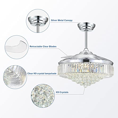 Moooni 52 Inch Retractable Blades Fandelier Dimmable Crystal Chandelier Ceiling Fan with Light and Remote, Dimmable LED Crystal Fan Light Kit for Bedroom Dining Room-Polished Chrome