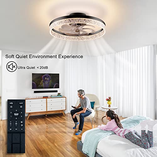 OMYU 19.7" Flush Mount Ceiling Fan with Lights, Round Bladeless Ceiling Fan with Remote Control, Dimmable 3 Color, 6 Speeds Timing, Low Profile Ceiling Fan for Kids Room Bedroom Living Room(Black)