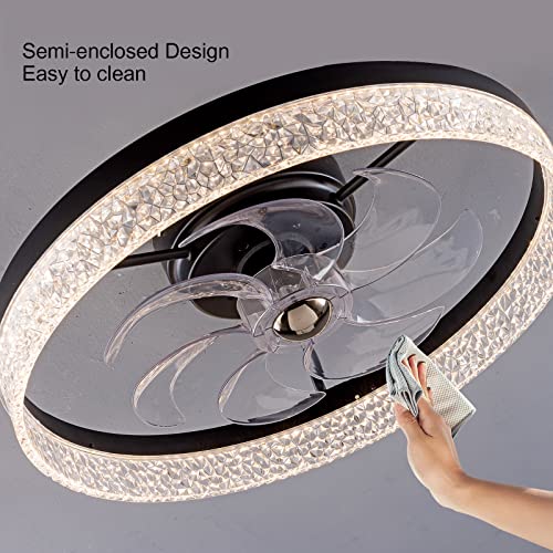 OMYU 19.7" Flush Mount Ceiling Fan with Lights, Round Bladeless Ceiling Fan with Remote Control, Dimmable 3 Color, 6 Speeds Timing, Low Profile Ceiling Fan for Kids Room Bedroom Living Room(Black)