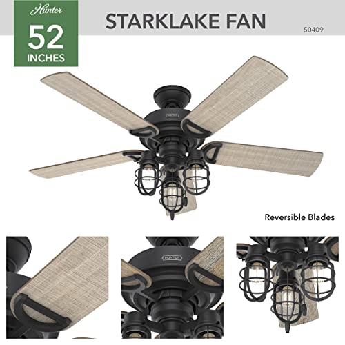 Hunter Fan Company 50409 Hunter Rustic 52 Inch Starklake Indoor or Outdoor Ceiling Fan with 3 LED Edison Bulbs, Pull Chain Control, and Quiet 3 Speed Motor, 52, Natural Iron finish