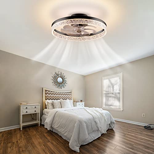 OMYU 19.7" Flush Mount Ceiling Fan with Lights, Round Bladeless Ceiling Fan with Remote Control, Dimmable 3 Color, 6 Speeds Timing, Low Profile Ceiling Fan for Kids Room Bedroom Living Room(Black)