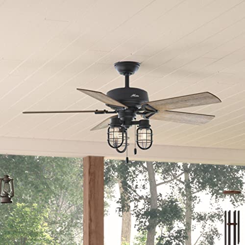 Hunter Fan Company 50409 Hunter Rustic 52 Inch Starklake Indoor or Outdoor Ceiling Fan with 3 LED Edison Bulbs, Pull Chain Control, and Quiet 3 Speed Motor, 52, Natural Iron finish