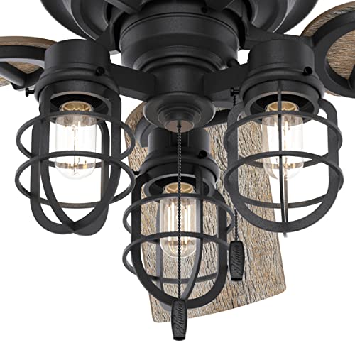 Hunter Fan Company 50409 Hunter Rustic 52 Inch Starklake Indoor or Outdoor Ceiling Fan with 3 LED Edison Bulbs, Pull Chain Control, and Quiet 3 Speed Motor, 52, Natural Iron finish