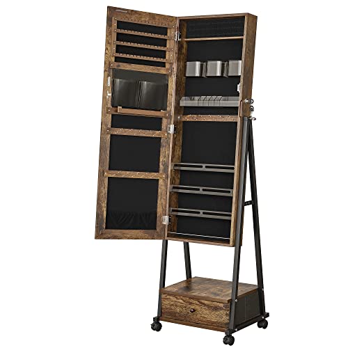 SONGMICS Jewelry Cabinet Floor Standing, Lockable Jewelry Organizer with High Full-Length Mirror, Bottom Drawer, Shelf, Wheels, Jewelry Armoire, Gift Idea, Rustic Brown and Black UJJC004X01
