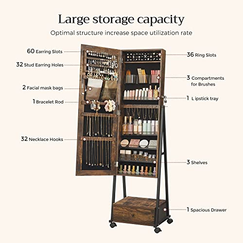 SONGMICS Jewelry Cabinet Floor Standing, Lockable Jewelry Organizer with High Full-Length Mirror, Bottom Drawer, Shelf, Wheels, Jewelry Armoire, Gift Idea, Rustic Brown and Black UJJC004X01