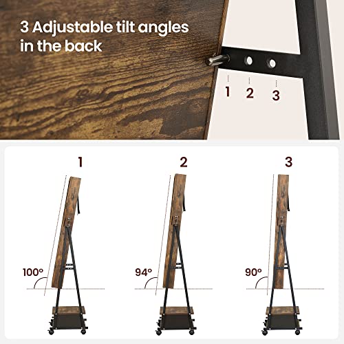 SONGMICS Jewelry Cabinet Floor Standing, Lockable Jewelry Organizer with High Full-Length Mirror, Bottom Drawer, Shelf, Wheels, Jewelry Armoire, Gift Idea, Rustic Brown and Black UJJC004X01