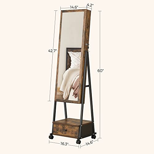 SONGMICS Jewelry Cabinet Floor Standing, Lockable Jewelry Organizer with High Full-Length Mirror, Bottom Drawer, Shelf, Wheels, Jewelry Armoire, Gift Idea, Rustic Brown and Black UJJC004X01