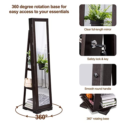 TWING 360° Swivel Jewelry Armoire with Mirror, Full Length Mirror Jewelry Cabinet Standing, Inside Mirror with Jewelry Storage, Rear Storage Shelves, Soft Velvet Interior Makeup Organizer (Brown)