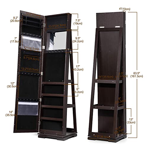 TWING 360° Swivel Jewelry Armoire with Mirror, Full Length Mirror Jewelry Cabinet Standing, Inside Mirror with Jewelry Storage, Rear Storage Shelves, Soft Velvet Interior Makeup Organizer (Brown)