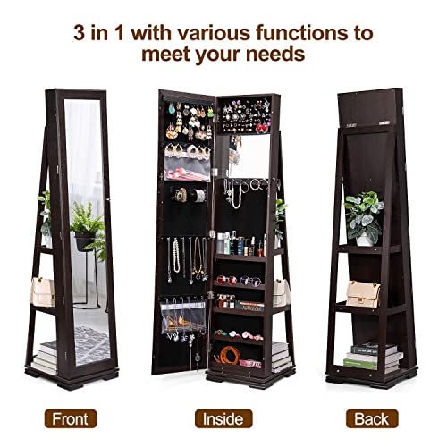 TWING 360° Swivel Jewelry Armoire with Mirror, Full Length Mirror Jewelry Cabinet Standing, Inside Mirror with Jewelry Storage, Rear Storage Shelves, Soft Velvet Interior Makeup Organizer (Brown)