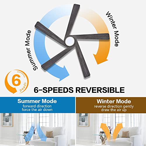 WINGBO 54 Inch DC Ceiling Fan with Lights and Remote Control, 5 Reversible Carved Wood Blades, 6-Speed Noiseless DC Motor, Modern Ceiling Fan in Brushed Nickel Finish with Gray Blades, ETL Listed