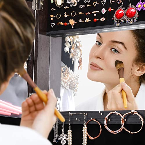 TWING 360° Swivel Jewelry Armoire with Mirror, Full Length Mirror Jewelry Cabinet Standing, Inside Mirror with Jewelry Storage, Rear Storage Shelves, Soft Velvet Interior Makeup Organizer (Brown)