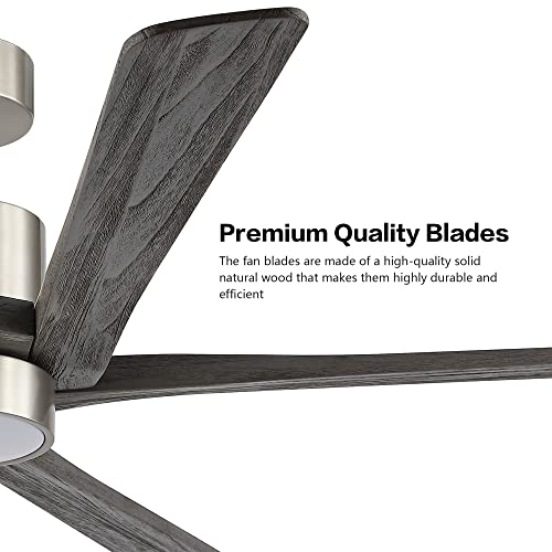 WINGBO 54 Inch DC Ceiling Fan with Lights and Remote Control, 5 Reversible Carved Wood Blades, 6-Speed Noiseless DC Motor, Modern Ceiling Fan in Brushed Nickel Finish with Gray Blades, ETL Listed