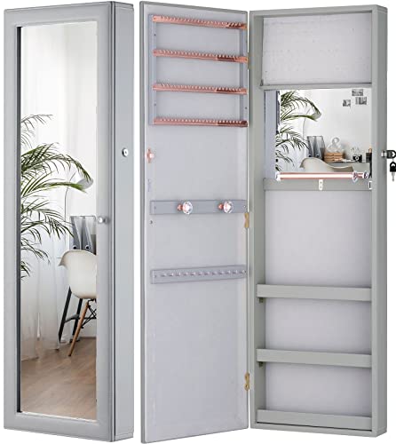 LUXFURNI Jewelry Armoire Organizer, Wall/Door Mounted Cabinet with Full Length Mirror (Grey)