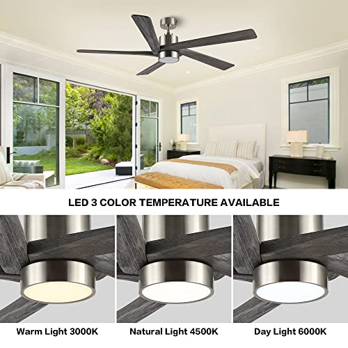 WINGBO 54 Inch DC Ceiling Fan with Lights and Remote Control, 5 Reversible Carved Wood Blades, 6-Speed Noiseless DC Motor, Modern Ceiling Fan in Brushed Nickel Finish with Gray Blades, ETL Listed