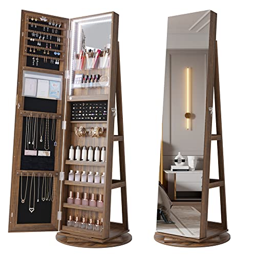 HNEBC LED Light Jewelry Organizer Mirror 360°Rotating,Jewelry Armoire with Door Mirror, Full Length Mirror Jewelry Cabinet, Mirror with Jewelry Storage, Large Jewelry Boxes & Organizers（A_Light Brown）