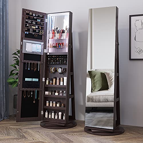Kasibie Full Length Mirror Jewelry Cabinet 360° Swivel, Standing Mirror With Jewelry Storage, Lockable Jewelry Organizer with LED Lights (Brown)