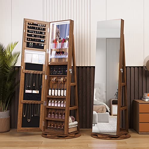 HNEBC LED Light Jewelry Organizer Mirror 360°Rotating,Jewelry Armoire with Door Mirror, Full Length Mirror Jewelry Cabinet, Mirror with Jewelry Storage, Large Jewelry Boxes & Organizers（A_Light Brown）