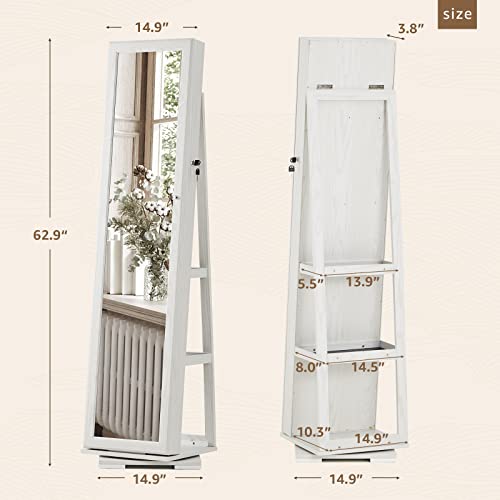 SERWALL 360 Rotating Jewelry Stand Organizer - Jewelry Armoire with Full-Length Mirror- Freestanding Dressing Mirror Jewelry Cabinet Storage - WHITE