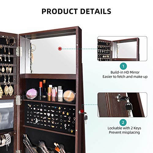 YITAHOME 360° Rotating Jewelry Cabinet Armoire 3-in-1 Jewelry Organizer Free Standing with Higher Full Length Mirror,Inside Makeup Mirror,Rear Storage Shelves, Walnut