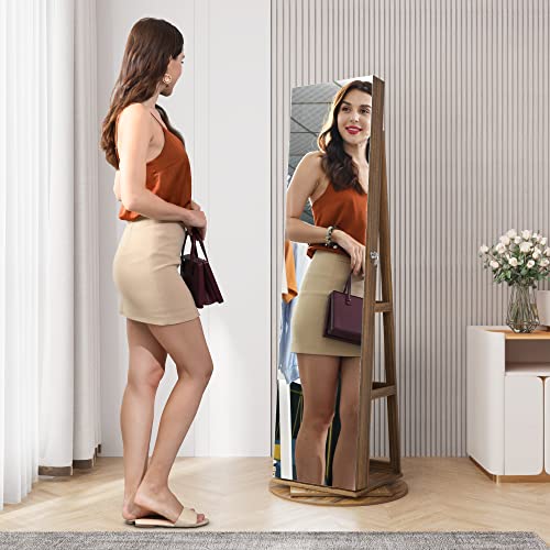 HNEBC LED Light Jewelry Organizer Mirror 360°Rotating,Jewelry Armoire with Door Mirror, Full Length Mirror Jewelry Cabinet, Mirror with Jewelry Storage, Large Jewelry Boxes & Organizers（A_Light Brown）