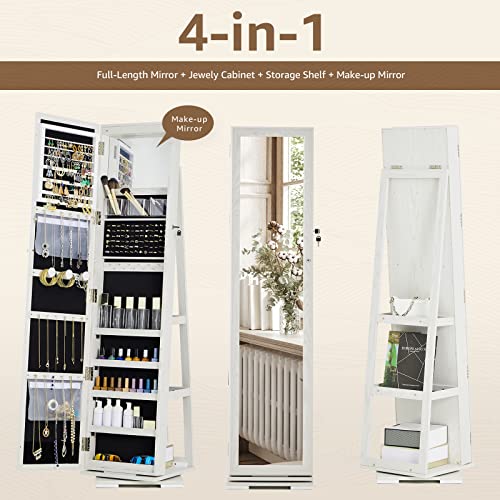 SERWALL 360 Rotating Jewelry Stand Organizer - Jewelry Armoire with Full-Length Mirror- Freestanding Dressing Mirror Jewelry Cabinet Storage - WHITE