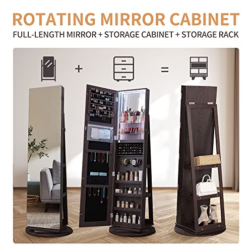 Kasibie Full Length Mirror Jewelry Cabinet 360° Swivel, Standing Mirror With Jewelry Storage, Lockable Jewelry Organizer with LED Lights (Brown)