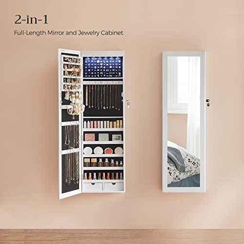 SONGMICS 6 LEDs Mirror Jewelry Cabinet, 47.2-Inch Tall Lockable Wall or Door Mounted Jewelry Armoire Organizer with Mirror, 2 Drawers, White UJJC93W