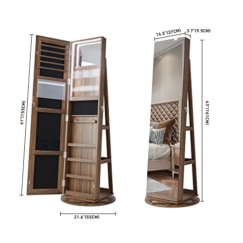 HNEBC LED Light Jewelry Organizer Mirror 360°Rotating,Jewelry Armoire with Door Mirror, Full Length Mirror Jewelry Cabinet, Mirror with Jewelry Storage, Large Jewelry Boxes & Organizers（A_Light Brown）