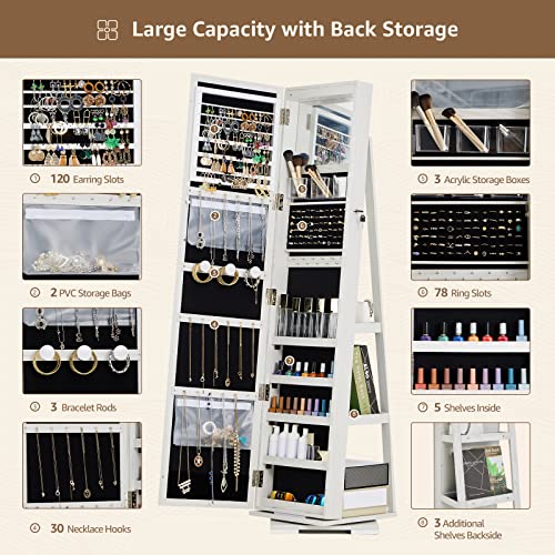 SERWALL 360 Rotating Jewelry Stand Organizer - Jewelry Armoire with Full-Length Mirror- Freestanding Dressing Mirror Jewelry Cabinet Storage - WHITE