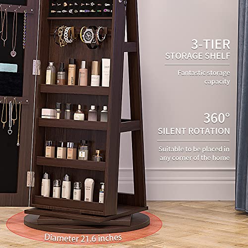 Kasibie Full Length Mirror Jewelry Cabinet 360° Swivel, Standing Mirror With Jewelry Storage, Lockable Jewelry Organizer with LED Lights (Brown)
