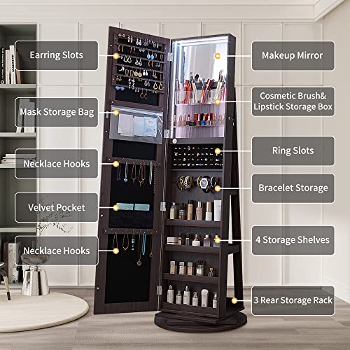 Kasibie Full Length Mirror Jewelry Cabinet 360° Swivel, Standing Mirror With Jewelry Storage, Lockable Jewelry Organizer with LED Lights (Brown)