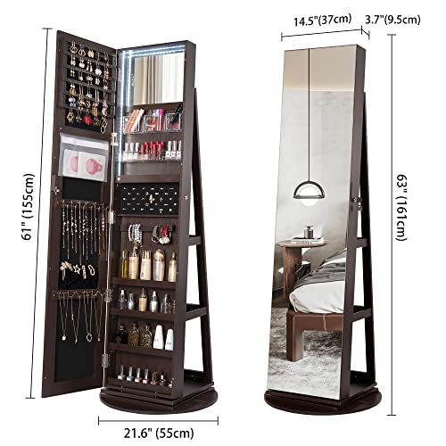 Kasibie Full Length Mirror Jewelry Cabinet 360° Swivel, Standing Mirror With Jewelry Storage, Lockable Jewelry Organizer with LED Lights (Brown)