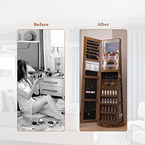 HNEBC LED Light Jewelry Organizer Mirror 360°Rotating,Jewelry Armoire with Door Mirror, Full Length Mirror Jewelry Cabinet, Mirror with Jewelry Storage, Large Jewelry Boxes & Organizers（A_Light Brown）