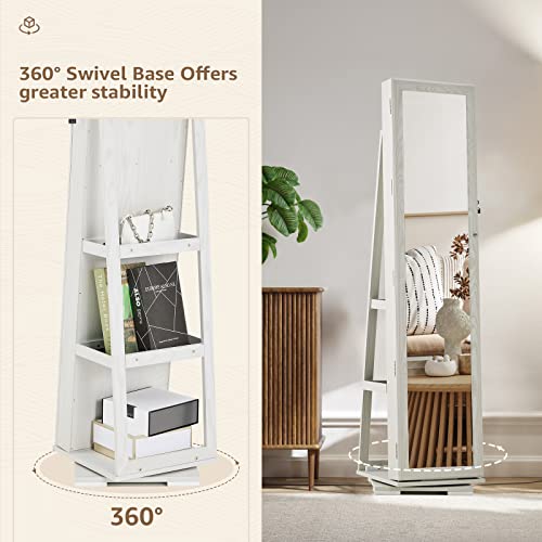 SERWALL 360 Rotating Jewelry Stand Organizer - Jewelry Armoire with Full-Length Mirror- Freestanding Dressing Mirror Jewelry Cabinet Storage - WHITE