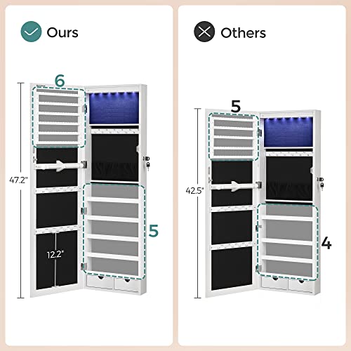 SONGMICS 6 LEDs Mirror Jewelry Cabinet, 47.2-Inch Tall Lockable Wall or Door Mounted Jewelry Armoire Organizer with Mirror, 2 Drawers, White UJJC93W