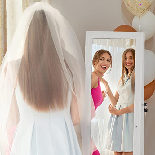 SERWALL 360 Rotating Jewelry Stand Organizer - Jewelry Armoire with Full-Length Mirror- Freestanding Dressing Mirror Jewelry Cabinet Storage - WHITE