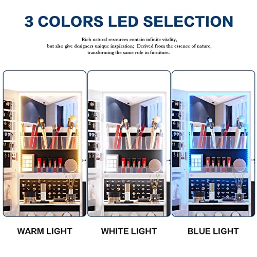 jajov 47.2" LED Mirror Jewelry Cabinet Freestanding, Large Full-Length Mirror with Jewelry Storage, Lockable Jewelry Armoire Organizer Built-in Lighted Mirror makeup tray (White)