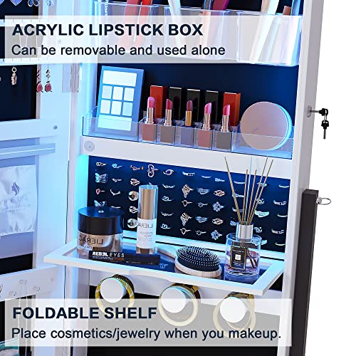 jajov 47.2" LED Mirror Jewelry Cabinet Freestanding, Large Full-Length Mirror with Jewelry Storage, Lockable Jewelry Armoire Organizer Built-in Lighted Mirror makeup tray (White)