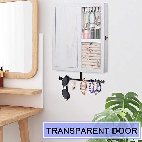 Keebofly Wall Mounted Jewelry Box Organizer With Rustic Wood Large Space Jewelry Cabinet Holder Jewelry Storage Box for Necklaces, Earrings, Bracelets, Ring Holder, and Accessories White