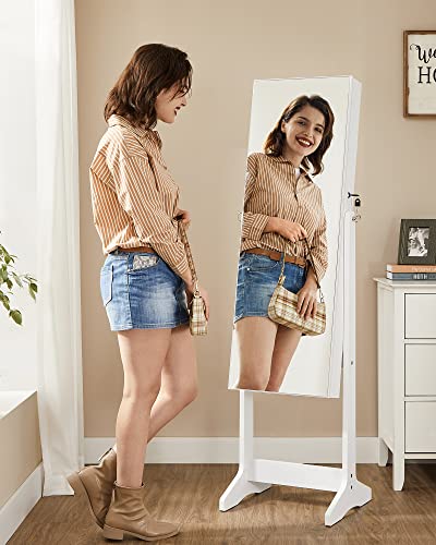 SONGMICS Jewelry Cabinet Armoire, Freestanding Lockable Storage Organizer Unit with 2 Plastic Cosmetic Storage, Full-Length Frameless Mirror, for Necklace Earring, White UJJC002W01