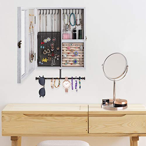 Keebofly Wall Mounted Jewelry Box Organizer With Rustic Wood Large Space Jewelry Cabinet Holder Jewelry Storage Box for Necklaces, Earrings, Bracelets, Ring Holder, and Accessories White
