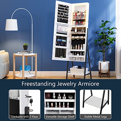 jajov 47.2" LED Mirror Jewelry Cabinet Freestanding, Large Full-Length Mirror with Jewelry Storage, Lockable Jewelry Armoire Organizer Built-in Lighted Mirror makeup tray (White)