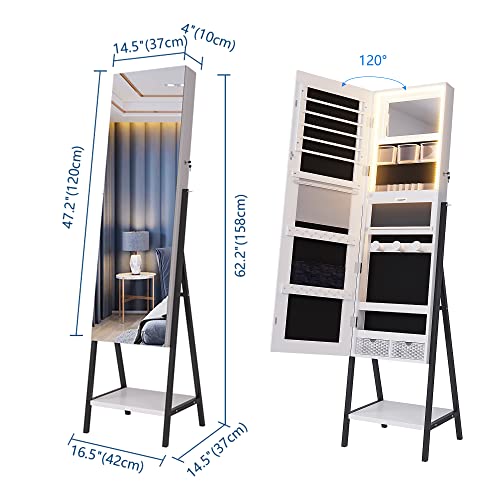 jajov 47.2" LED Mirror Jewelry Cabinet Freestanding, Large Full-Length Mirror with Jewelry Storage, Lockable Jewelry Armoire Organizer Built-in Lighted Mirror makeup tray (White)