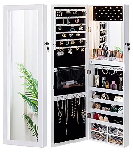 LUXFURNI Mirror Jewelry Cabinet 79 LED Lights Wall-Mount/Door-Hanging Armoire, Lockable Storage Organizer w/Drawers (White)