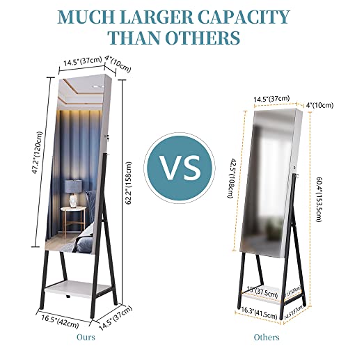 jajov 47.2" LED Mirror Jewelry Cabinet Freestanding, Large Full-Length Mirror with Jewelry Storage, Lockable Jewelry Armoire Organizer Built-in Lighted Mirror makeup tray (White)