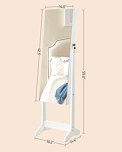 SONGMICS Jewelry Cabinet Armoire, Freestanding Lockable Storage Organizer Unit with 2 Plastic Cosmetic Storage, Full-Length Frameless Mirror, for Necklace Earring, White UJJC002W01